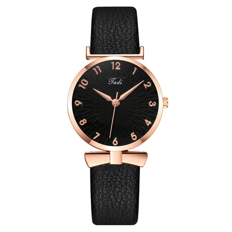 Fashion Women Quartz Watch Rose Gold Alloy Case Bowknot Decor Faux Leather Strap Arabic Numerals Elegant Casual Wristwatch