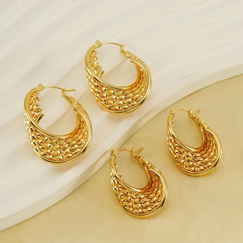 Woven Texture Hoop Earrings 18K Gold Plated Stainless Steel Braided Design Vintage French Style Niche Jewelry For Women