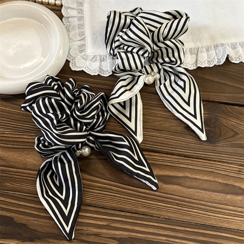 Gestreifte Satin-Schleifen-Haargummis Mit Kunstperlen Elegante Französische Retro-Pferdeschwanzhalter Für Damen