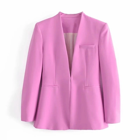 Women Blazer Collarless Open Front Long Sleeve Slim Fit Polyester Office Business Casual Jacket