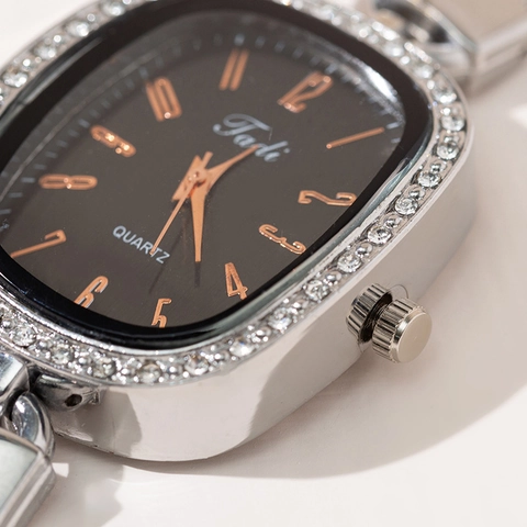 Damen Quarz Uhr Legierung Gehäuse Straß Lünette Edelstahl Netzband Mode Luxus Elegant Armbanduhr