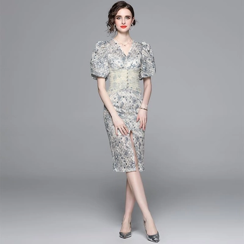 Robe Mi-Longue À Imprimé Fleuri Pour Femmes Style Français Col En V Manches Bouffantes Ourlet Fendu Taille En Mesh Été
