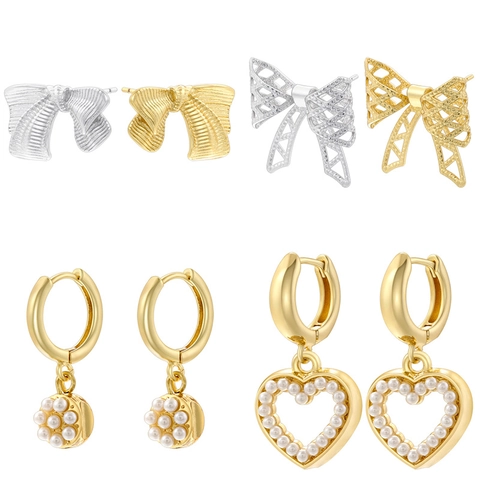 Vintage Copper Bowknot Heart Stud Earrings For Women Striped Inlaid Artificial Pearl Gold Silver Drop Earrings Jewelry Gift