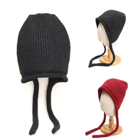 Gorro De Punto Mezcla De Lana Para Mujer Con Orejeras Correas Largas Punto Canalé Color Sólido Cálido Invierno Exterior