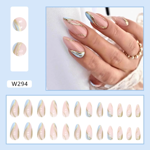 Press On Nails Long Almond Shape Blue Wave Pattern Gold Glitter Plastic Artificial Fake Fingernails For Women
