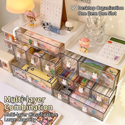 Desktop Drawer Storage Box Stackable Transparent Plastic Cute Rabbit Handle Stationery Makeup Organizer Office Home
