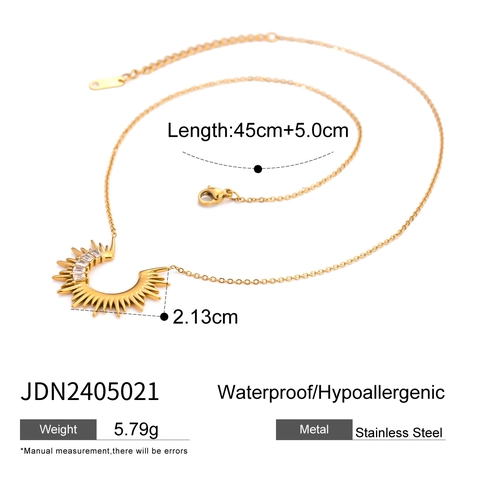 Sunburst Pendant Necklace 18K Gold Plated Stainless Steel Rectangular White Zircon Semi Circle Jewelry For Women