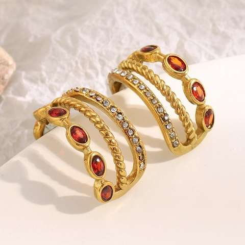 Stainless Steel Earrings 18K Gold Plated Red Zircon Clear Crystal C Shape Triple Layer Twisted Vintage Fashion For Women