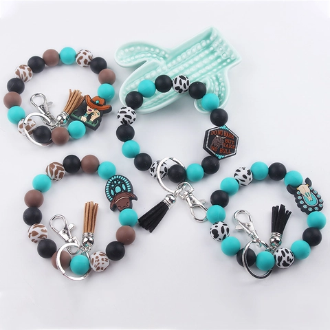 Silicone Beaded Wristlet Keychain Western Cowboy Style Cow Print Bangle With Faux Leather Tassel And Bull Skull Charms