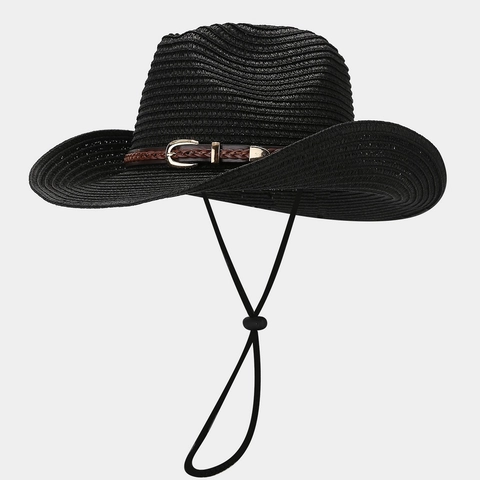 Western Straw Cowboy Hat Paper Woven Belt Buckle Decor Wide Brim Sun Shade Summer Outdoor Beach With Adjustable Chin Strap