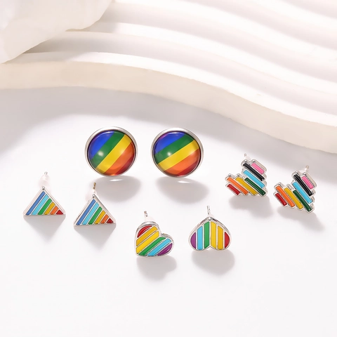 Regenbogen Streifen Ohrstecker Legierung Geometrie Herz Dreieck Rund Ohrringe Für Damen Mädchen Mode Pride Month Ohrschmuck