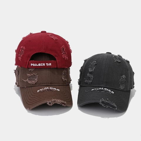 Casquette De Baseball Déchirée En Coton Broderie Lettres Ajustable Protection Solaire Chapeau Streetwear
