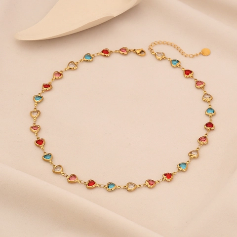 Fashion Heart Necklace Stainless Steel With Colorful Glass Stones Gold Plated Clavicle Chain For Women