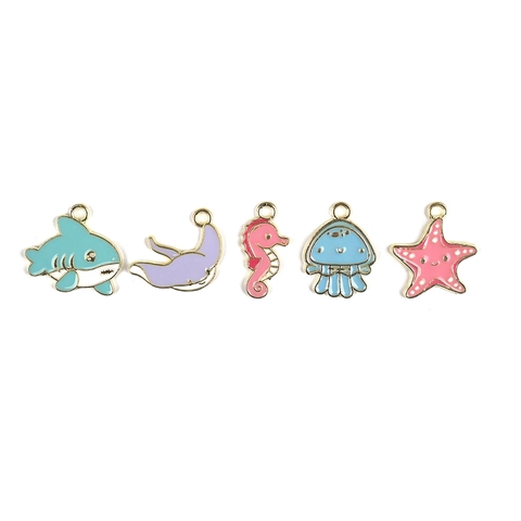Ocean Animal Charms Alloy Enamel Shark Seahorse Jellyfish Starfish Pendants For DIY Jewelry Making Keychain Accessories