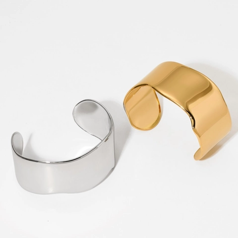 Brazalete Ancho De Acero Inoxidable Borde Ondulado Irregular Pulido En Forma De C Joyería De Moda Para Mujeres