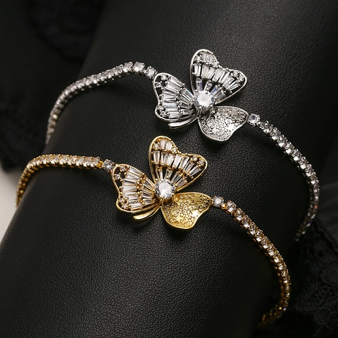 Schmetterling Blume Zirkon Armband Kupfer Luxus Mode Schmuck Geschenk Für Frauen Funkelndes Elegantes Verstellbares Handaccessoire
