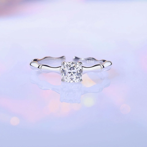 S925 Sterling Silver Square Cushion Cut Zirconia Open Ring For Women Adjustable Bamboo Texture Finger Ring Niche Jewelry Gift