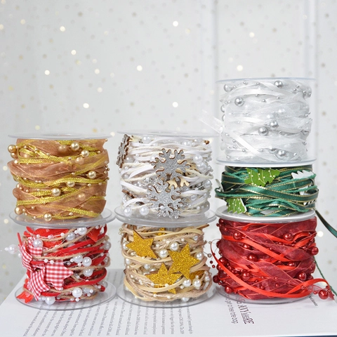Ruban Décoratif Noël Künstliche Perles Fantaisie Motifs Flocon Neige Étoile Sapin Pour Emballage Cadeau Ornement Arbre Bricolage