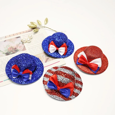 Mini Sequin Top Hat Hair Clip Patriotic American Flag Colors Satin Ribbon Bow Independence Day Party Accessory Novelty Glitter