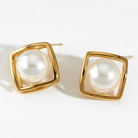 Geometric Square Frame Stud Earrings 316 Stainless Steel Artificial Pearl PVD Gold Plated Waterproof Elegant Hypoallergenic