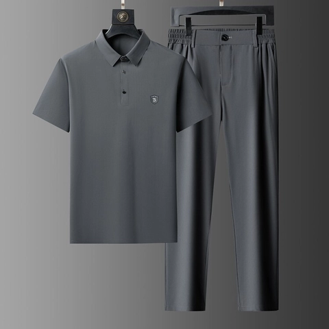 Men Business Casual Polo Shirt And Trousers Set Ice Satin High Elasticity Seamless Short Sleeve Breathable Suit