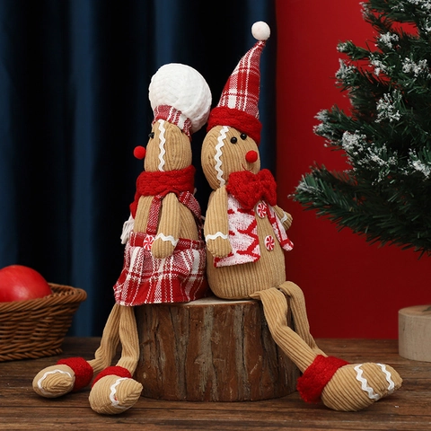 Christmas Gingerbread Man Plush Doll Long Leg Sitting Ornament Corduroy Fabric Plaid Scarf Hat Holiday Home Decor