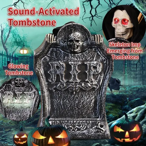 Halloween Animierter Grabstein Skelett Requisite LED Leuchtende Augen Soundaktiviert Hebend RIP Gruselhaus Dekor Kunststoff