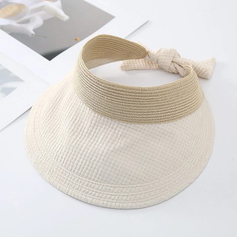 Damen Visier Hut Strohgeflecht Waffelgewebe Große Krempe Sonnenschutz Offen Hinten Schleife Sommer Strand Outdoor