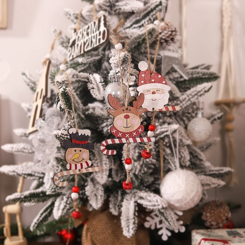 Ornamenti Natalizi da Appendere in Legno Babbo Natale Pupazzo di Neve Renna Con Campanello in Metallo Decorazione per Albero