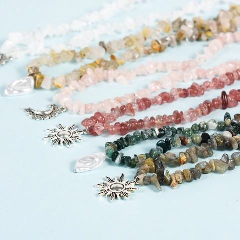 Natural Crystal Fragment Necklace With Alloy Sun Moon Pendant Shell Artificial Pearl Irregular Stone Choker Handmade Jewelry Women