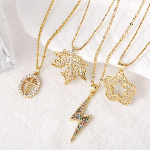 Sparkling Zircon Pendant Necklace Copper Real Gold Plating Cross Maple Leaf Lightning Star Design Fashion Jewelry Women
