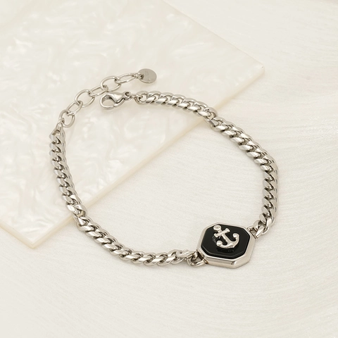 Anchor Hexagon Pendant Curb Chain Bracelet Stainless Steel Nautical Punk Style Unisex Adjustable Fashion Jewelry