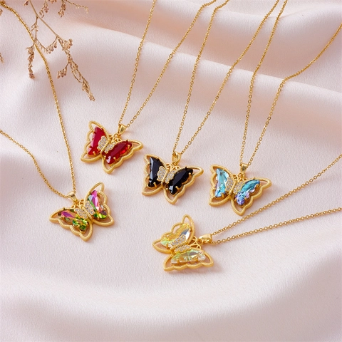 Collana Con Pendente A Farfalla Rame Placcato Oro Con Cristalli Zirconia Colorati Catena Da Clavicola Gioielli Di Moda Di Lusso Per Donne