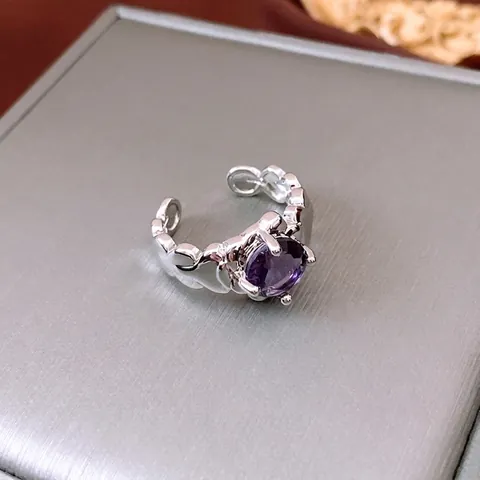 Vintage Purple Zircon Copper Open Ring For Women Silver Tone Irregular Pleated Texture Adjustable Fashion Finger Jewelry