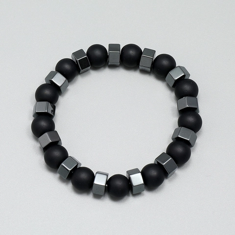 Hematite Glass Beaded Bracelet Unisex Matte Black Beads Hexagonal Alloy Spacers Elastic Wristband Industrial Style Retro