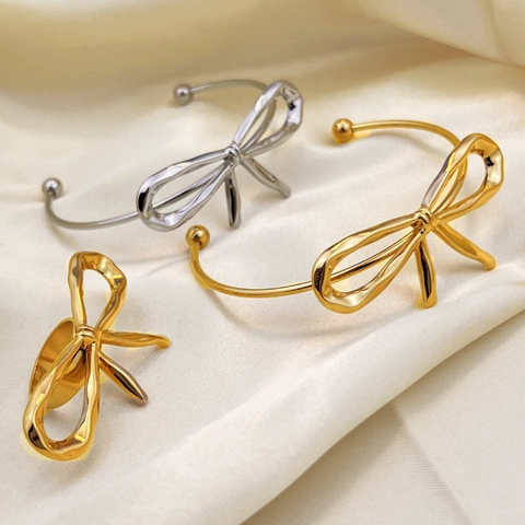 Bowknot Open Bracelet And Ring 18K Gold Plated Stainless Steel Irregular Texture Retro Elegant Jewelry For Women