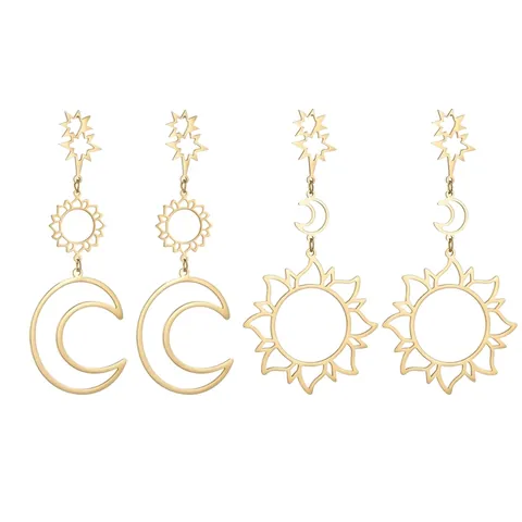 Stainless Steel Celestial Star Moon Sun Drop Earrings Gold Plated Hollow Out Asymmetrical Long Tassel Jewelry For Women