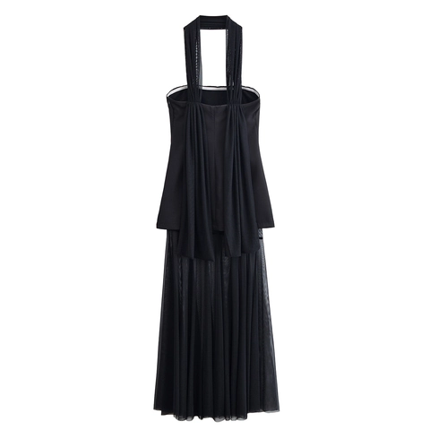Vestido Maxi con Cuello Halter y Espalda Descubierta para Mujer Negro Satén Tul Empalme Plisado Fiesta de Gala Elegante Sexy