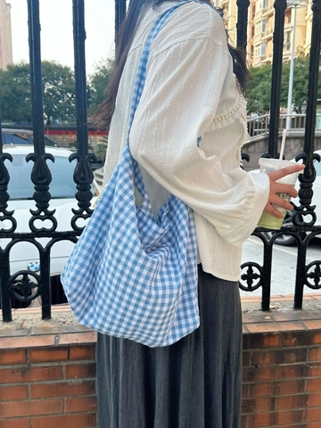 Large Capacity Plaid Canvas Tote Bag Gingham Cotton Shoulder Bag Japanese Style Retro Shopping Handbag For Women Student