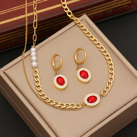 Collana A Doppio Strato In Acciaio Inossidabile Pendente In Zircone Rosso Perla Artificial Bianca Catena A Maglia Cubana Gioielli Placcati In Oro Per Donna