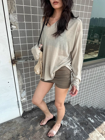 Top De Punto Holgado Con Cuello En V Para Mujer Transparente Ligero Manga Larga Vacaciones Protección Solar Casual