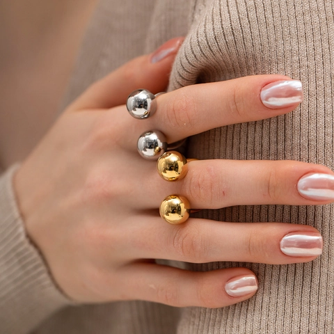Minimalist Stainless Steel Double Ball Open Ring For Women Personalized Geometric Round Bead Fashion Finger Jewelry Gift