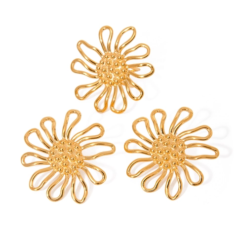 French Retro Exaggerated Hollow Sunflower Stainless Steel Gold Stud Earrings Or Adjustable Flower Ring For Women Jewelry