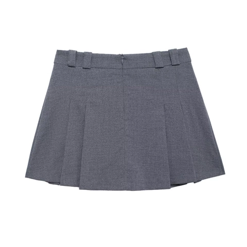 Minigonna A Pieghe Grigia Da Donna Vita Bassa Tessuto Navetta Stile Preppy Scolastico Con Pantaloncini Di Sicurezza Interni Cerniera Invisibile