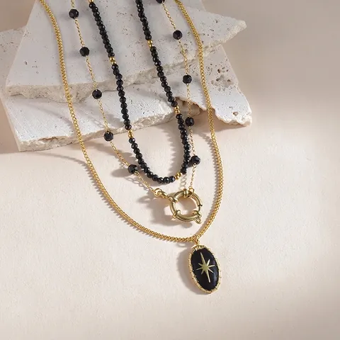 Etnische Gelaagde Roestvrijstalen Ketting Verguld Emaille Ster Hanger Zwarte Kralen Multi Gelaagde Sieraden Voor Dames