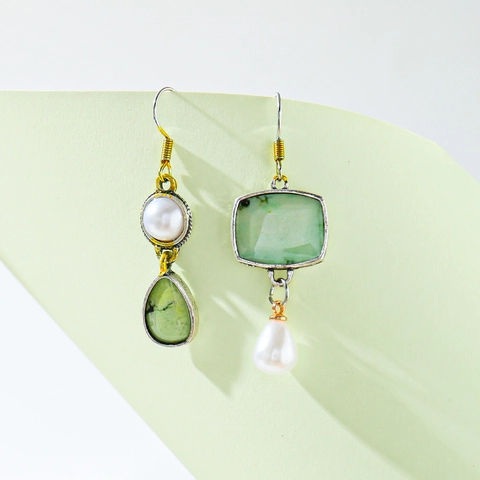 Orecchini Pendenti Asimmetrici Lega Pietra Verde Perla Artificial Bianca Stile Bohemien Vintage Gioielli Per Donna