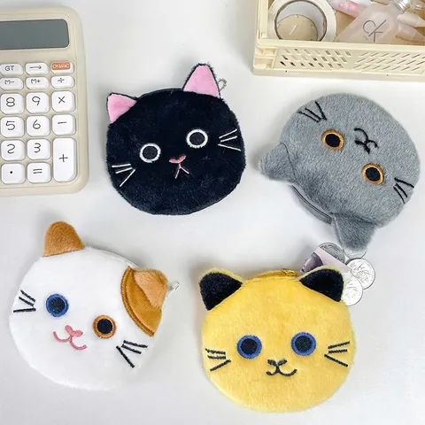 Cat Coin Purse Plush Mini Earphone Storage Pouch Keychain Pendant Cartoon Embroidered Small Zipper Wallet For Kids