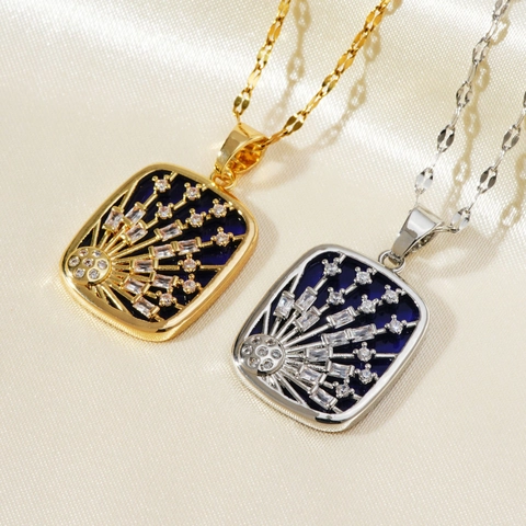 Vintage Sophisticated Copper Zirconia Blue Enamel Meteor Pendant Necklace For Women Starry Sky Square Pendant Jewelry Gift