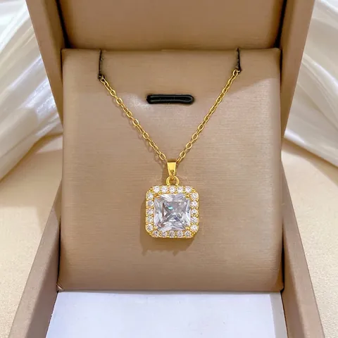 Elegant Square Halo Pendant Necklace Stainless Steel Chain Copper Micro Pave Zircon Luxury Jewelry For Women Gold Plated