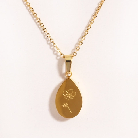 Flower Water Drop Pendant Necklace Titanium Steel French Retro Ins Style Engraved Rose For Women